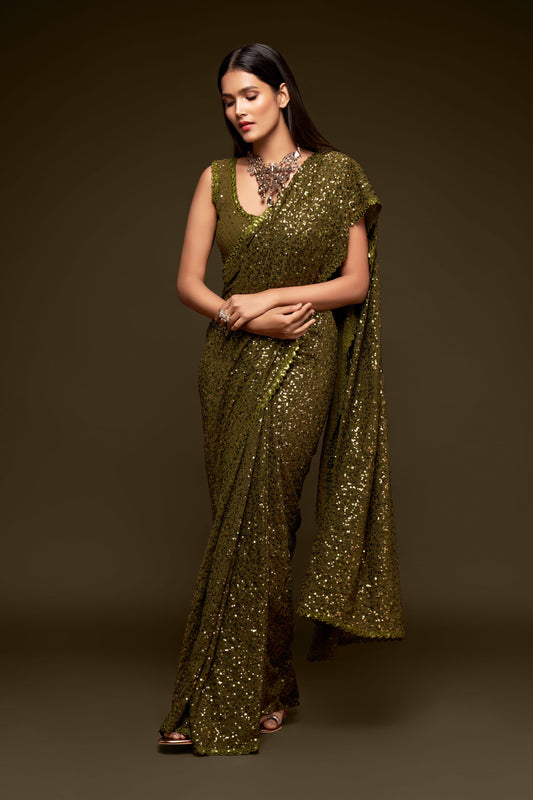 Olive Green Sequin Saree for Party & Evening Wear