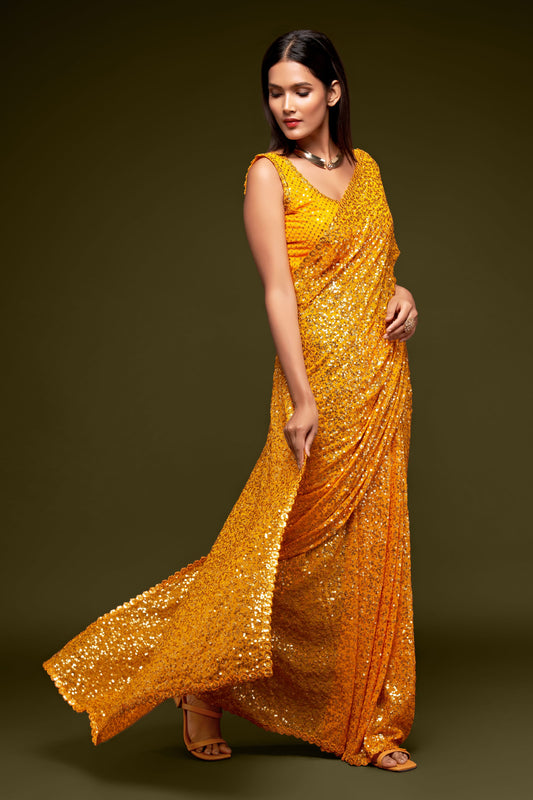 Mustard Yellow Sequin Saree for Party & Evening Wear