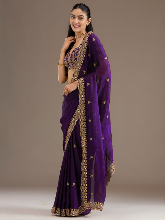 Royal Purple Tissue Saree with Heavy Gold Embroidery Border & Designer Blouse