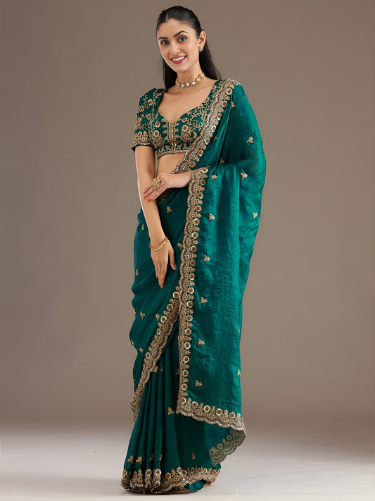 Rama Green Tissue Saree with Heavy Gold Embroidery Border & Designer Blouse