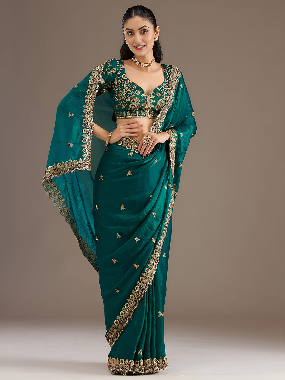 Royal Blue Tissue Saree with Heavy Gold Embroidery Border & Designer Blouse