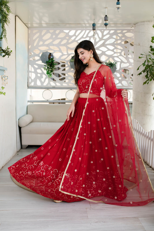 Stylish Red Georgette Lehenga with Net Dupatta