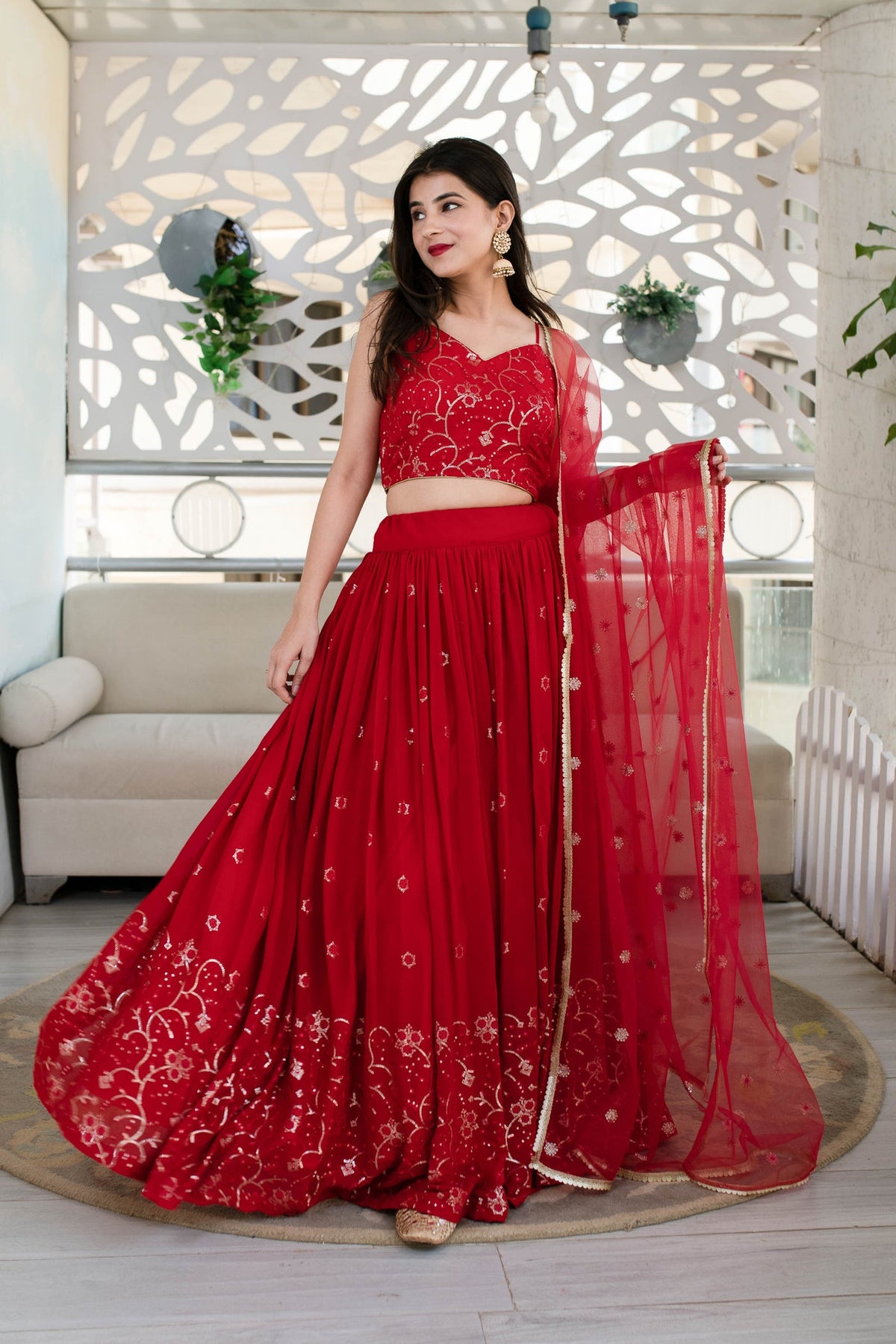 Stylish Red Georgette Lehenga with Net Dupatta