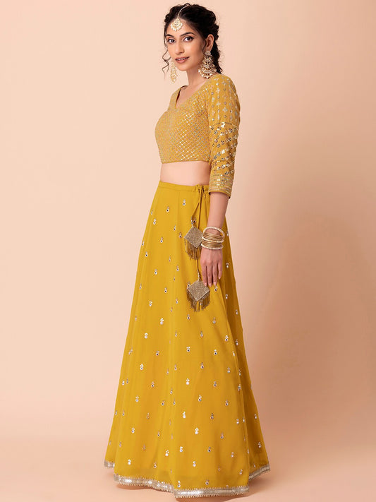 Sunshine Yellow Sequins Georgette Haldi Wear Lehenga Choli