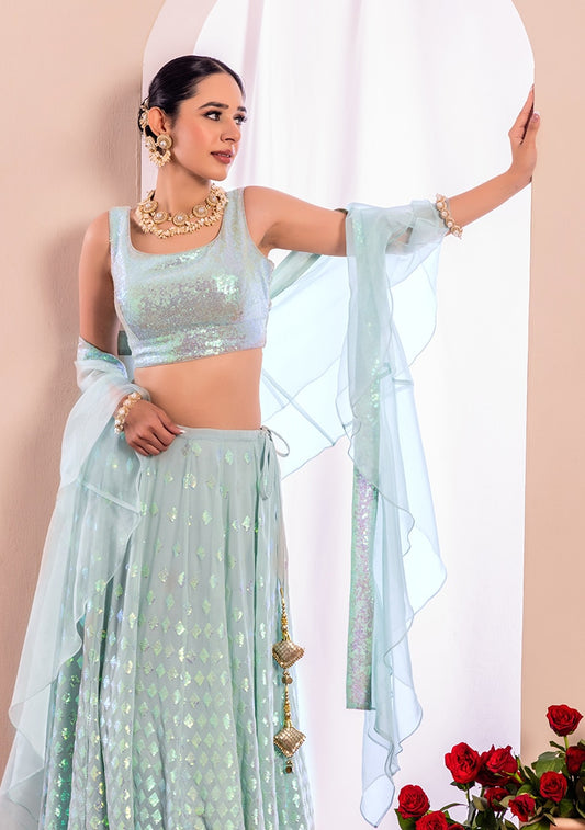 Pastel Mint Blue Sequins Lehenga Choli for Wedding & Party