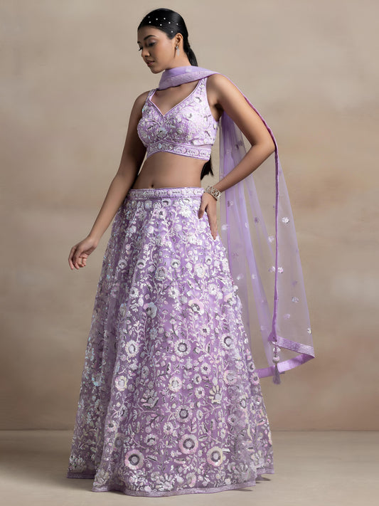 Designer Lavender Floral Multiple Sequins Embroidered Lehenga Choli