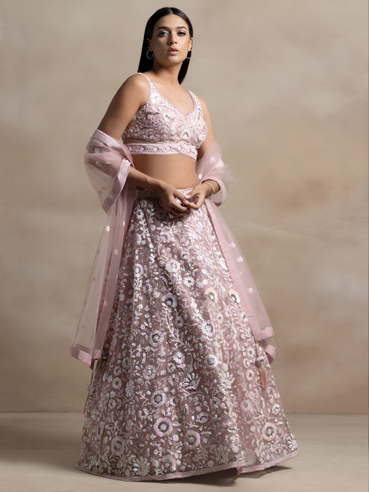 Designer Blush Pink Floral Multiple Sequins Embroidered Lehenga Choli