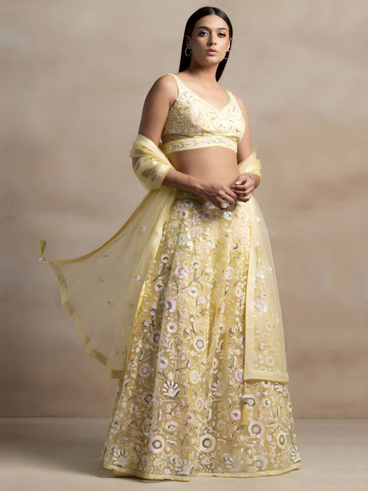 Designer Yellow Floral Multiple Sequins Embroidered Lehenga Choli