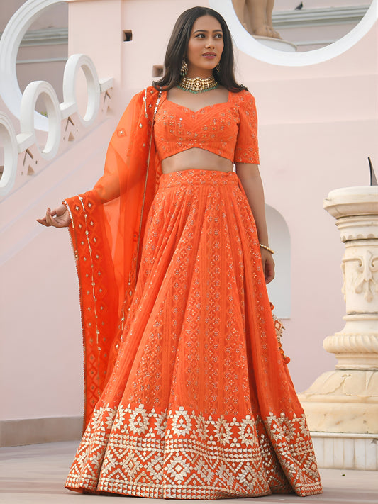 Designer Orange Georgette Sequins Embroidered Lehenga Choli with Dupatta