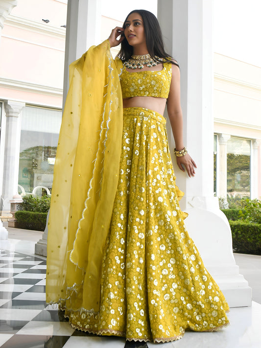 Yellow Georgette Sequins Thread Embroidered Lehenga Choli with Organza Dupatta