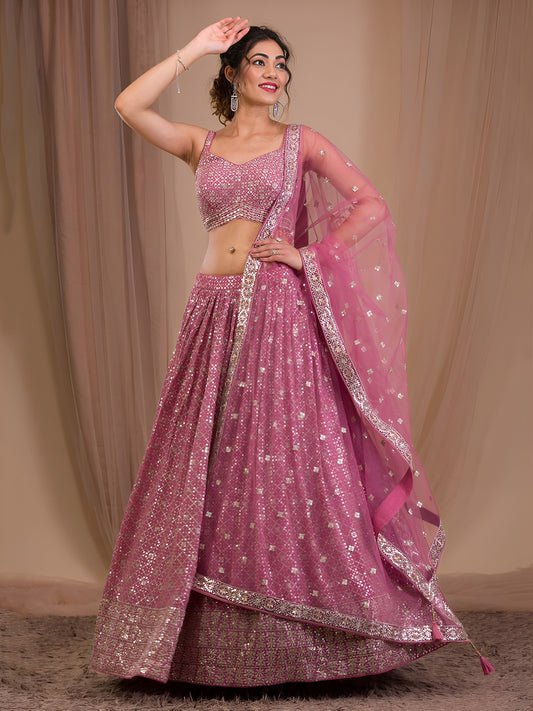 Pink Georgette Zari Multiple Sequins Embroidered Lehenga Choli with Soft Net Dupatta