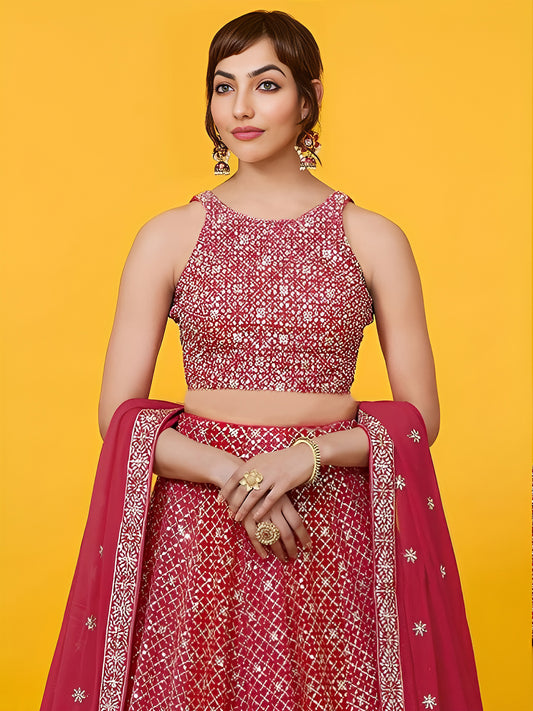 Red Georgette Zari Multiple Sequins Embroidered Lehenga Choli with Soft Net Dupatta