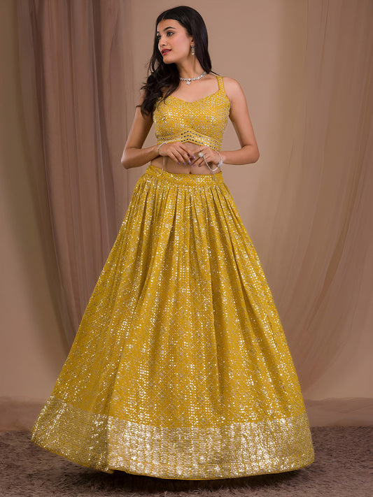 Yellow Georgette Zari Multiple Sequins Embroidered Lehenga Choli with Soft Net Dupatta