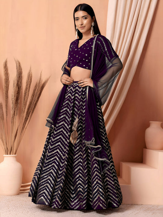 Designer Party Wear Purple Georgette Sequins Embroidered Lehenga Choli