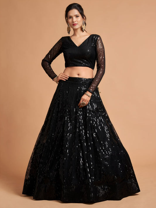 Bollywood Style Black Sequins Embroidered Lehenga Choli for Wedding & Reception