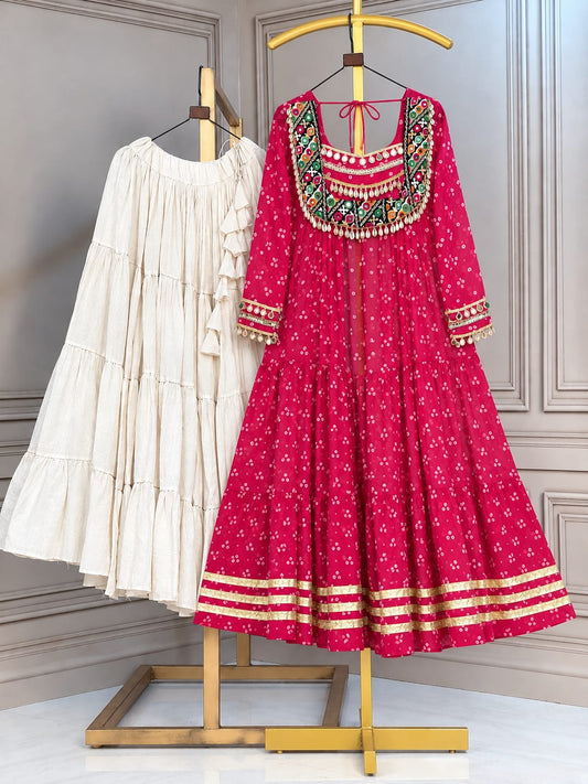 Bandhani Gamthi Shrug with 12 Mtr White Kora Cotton Lehenga