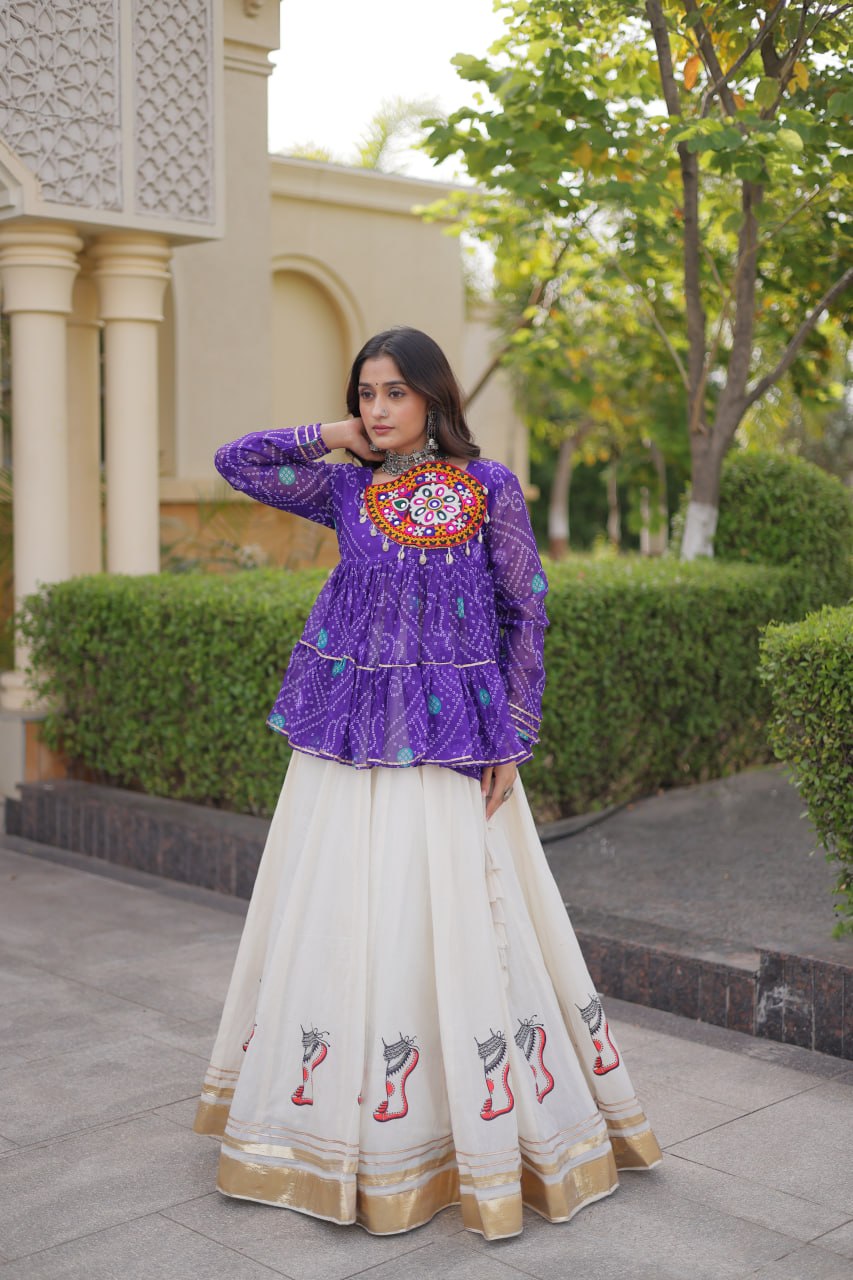 Pink Bandhani Gamthi Embroidered Peplum Top with Kora Cotton Gota Lace Lehenga