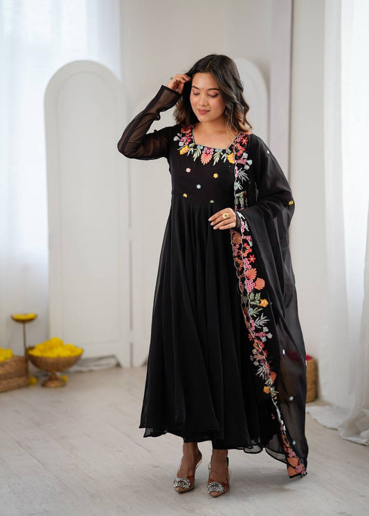 Black Embroidered Anarkali Gown with Floral Dupatta