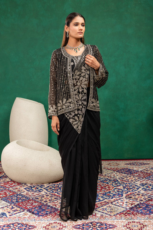 Black Pre-Draped Saree with Silver Embroidery & Sequins Work Jacket