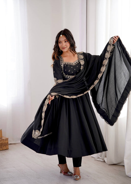 Black Roman Silk Embroidered Anarkali Gown Set with Dupatta