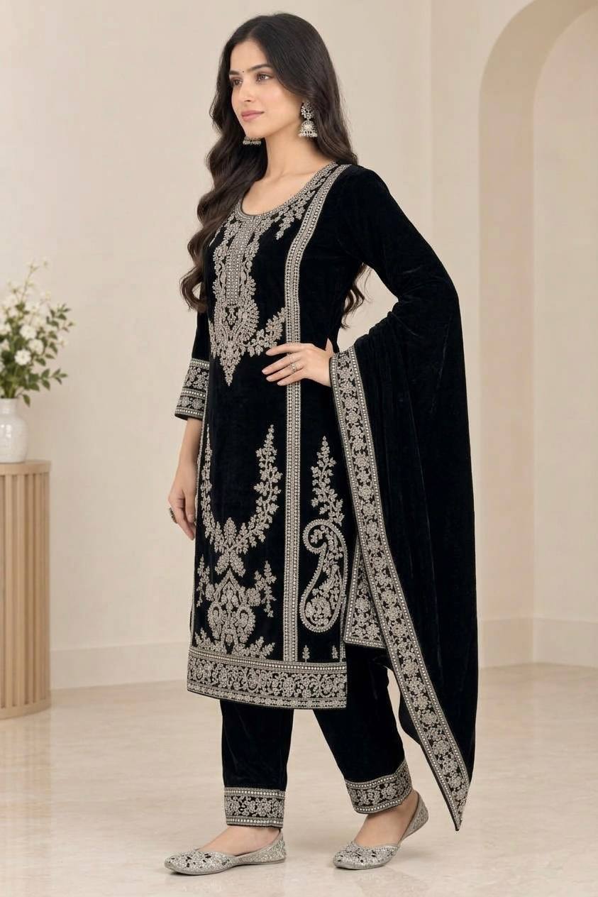 Black Velvet Embroidered Salwar Suit with Sequence Work, Matching Pants & Dupatta