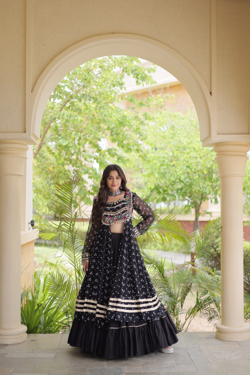 Olive Green Bandhani Print Lehenga Choli with Kutchi Gamthi Patchwork Shrug