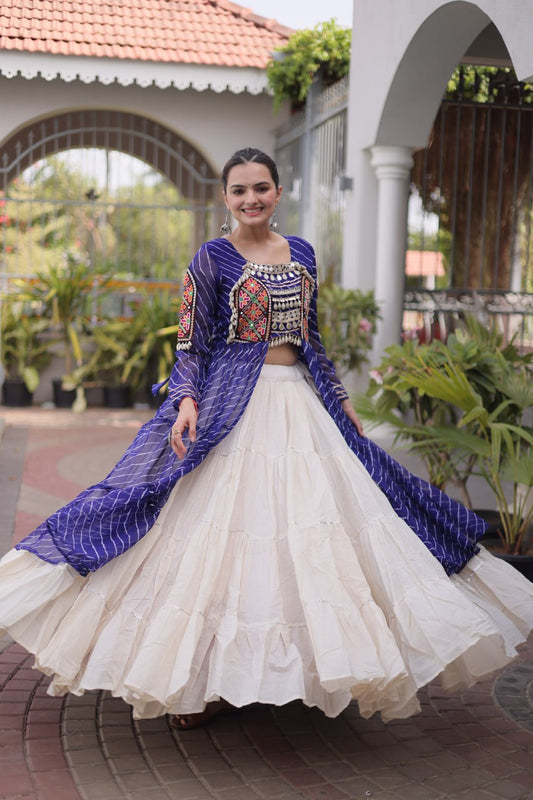 Royal Blue Laheriya Georgette Kurti with White Kora Cotton Lehenga Set