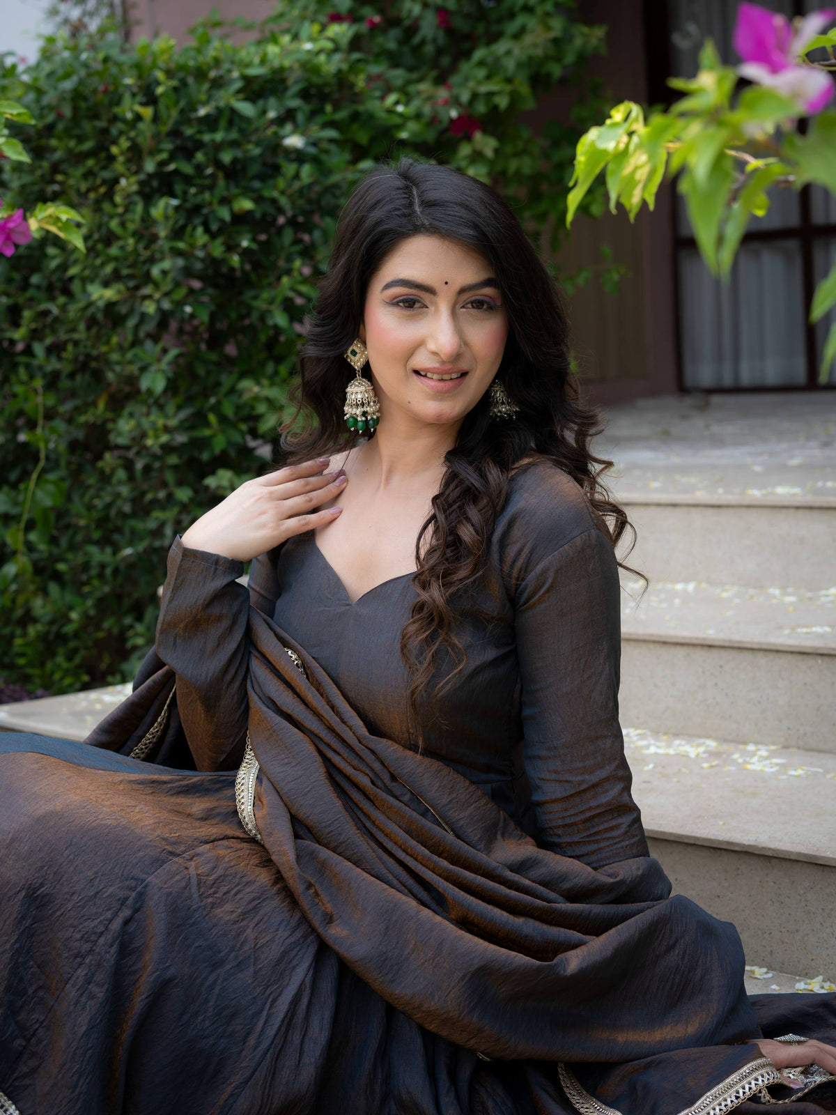 Charcoal Grey Anarkali Gown with Silver Floral Embroidered Border & Dupatta