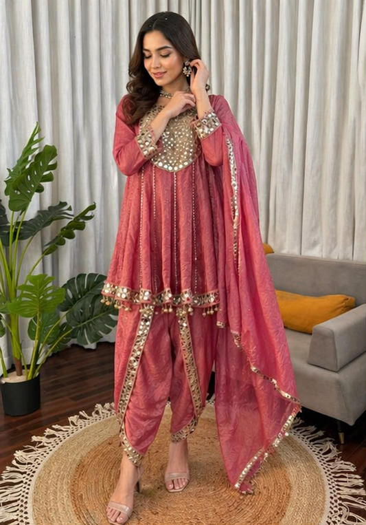 Dusty Rose Gold Crush Dhoti Suit Set with Mirror Work Dupatta