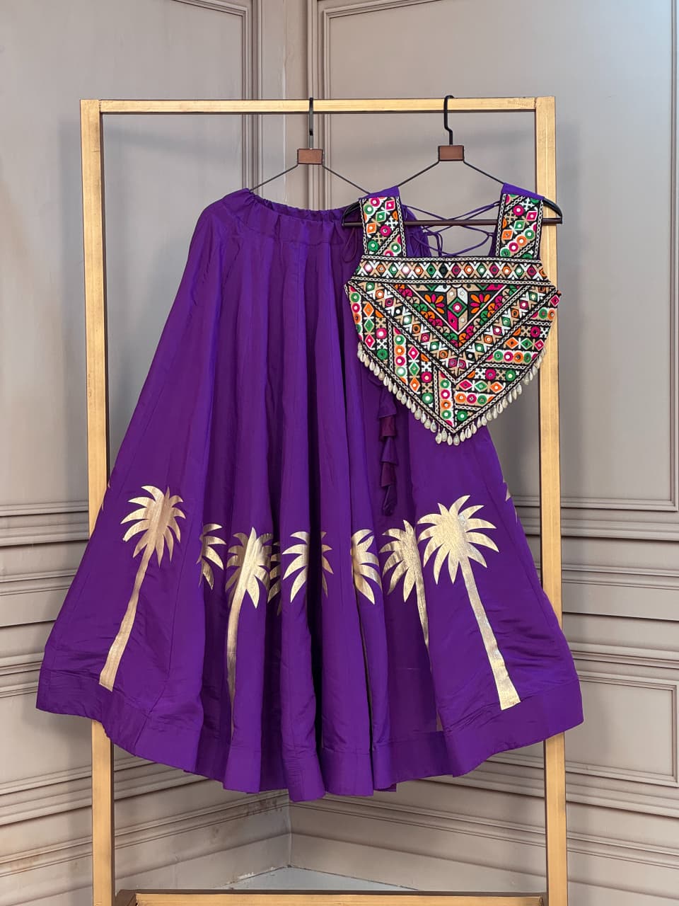 Coconut Gota Work Lehenga with Kutchi Gamthi Embroidered Blouse