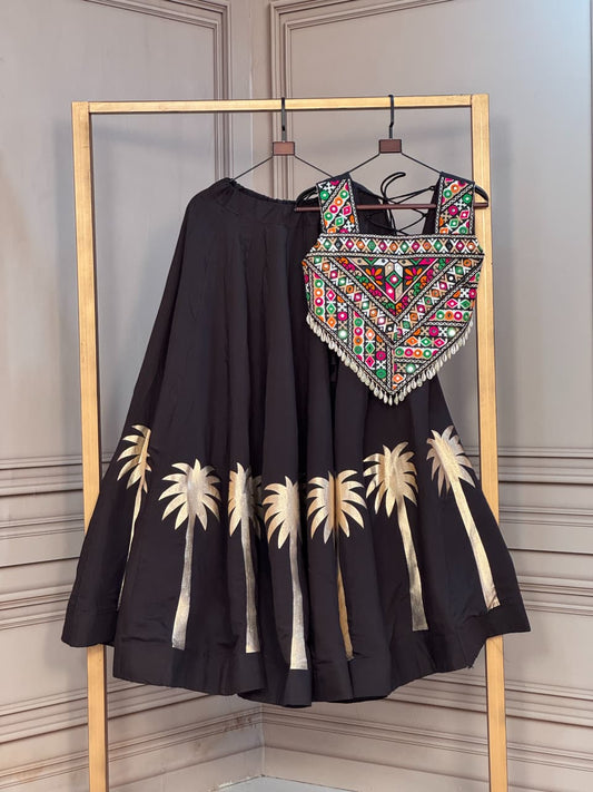 Coconut Gota Work Lehenga with Kutchi Gamthi Embroidered Blouse