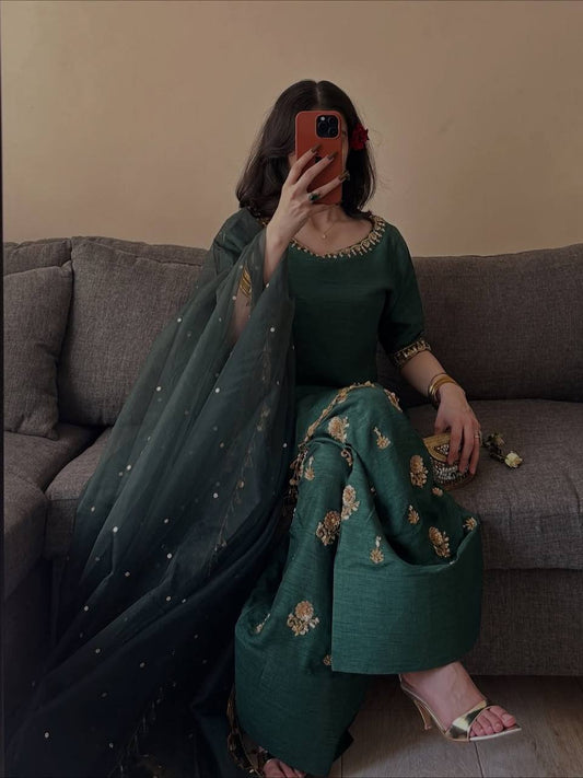 Dark Green Slab Silk Farshi Salwar Suit with Rangoli Silk Dupatta