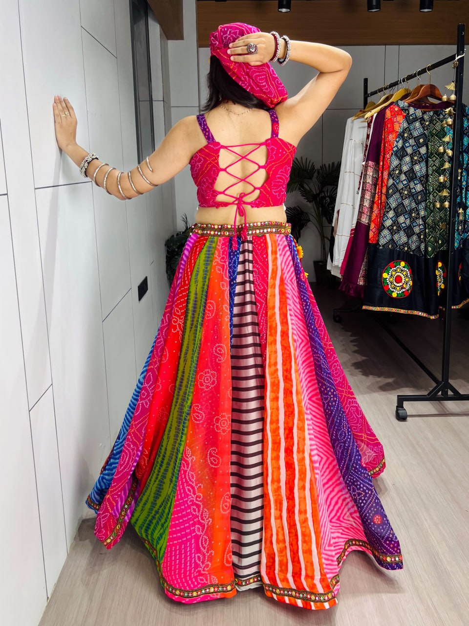 Multicolor Bandhani Georgette Lehenga Choli with Bandana and Batwa for Navratri