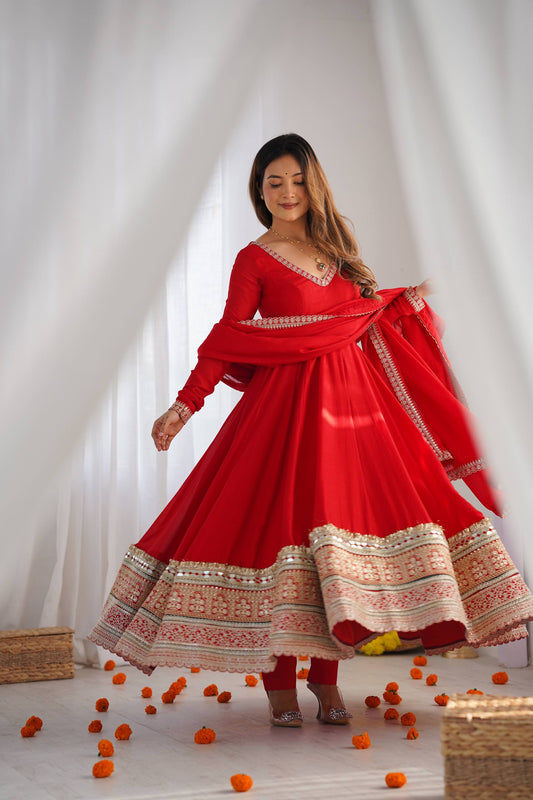 Red Blooming Vichitra Silk Anarkali Gown with Dupatta