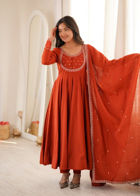 Rust Orange Roman Chanderi Silk Anarkali Suit with Embroidered Dupatta