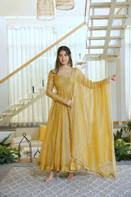 Designer Salsa Silk Foil Work Anarkali Gown Suit with Dupatta