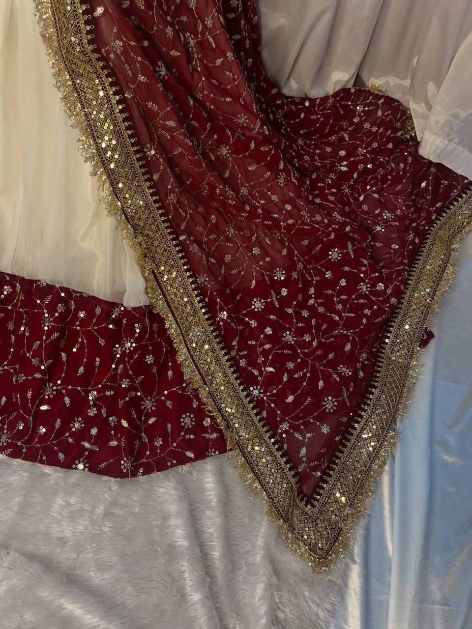 White and Maroon Anarkali Gown with Embroidered Dupatta and Heavy Border Work