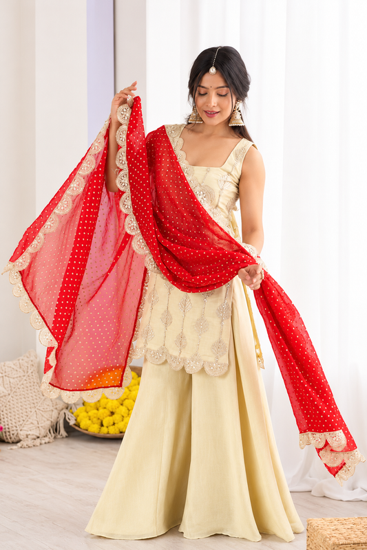 Ivory Cream Embroidered Kurta Palazzo Set with Red Dupatta