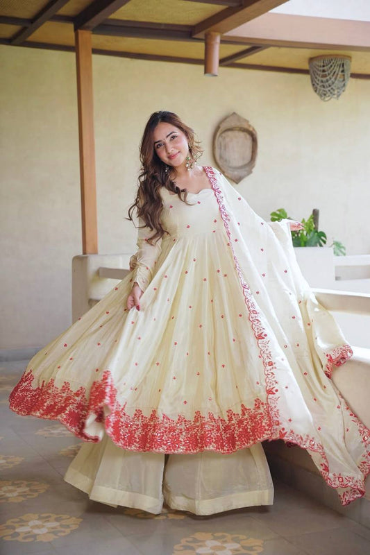 Off White Floral Embroidered Anarkali Suit Set with Palazzo & Dupatta