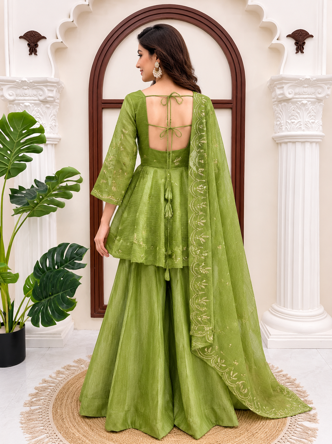 Lime Green Embroidered Peplum Kurti with Sharara & Matching Dupatta
