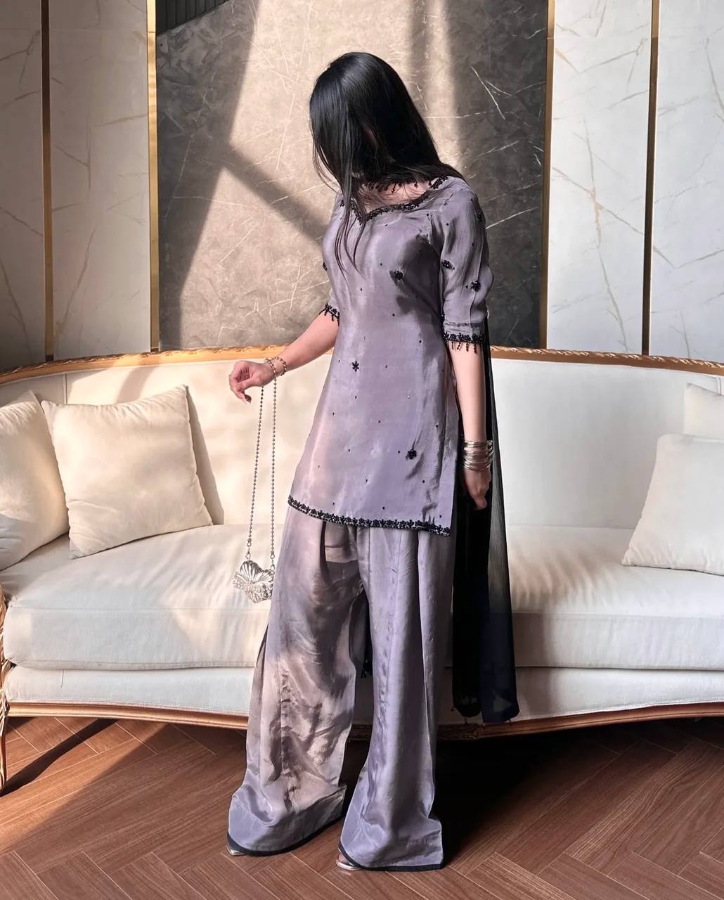 Grey Crepe Silk Farshi Salwar Suit with Black Embroidery & Dupatta