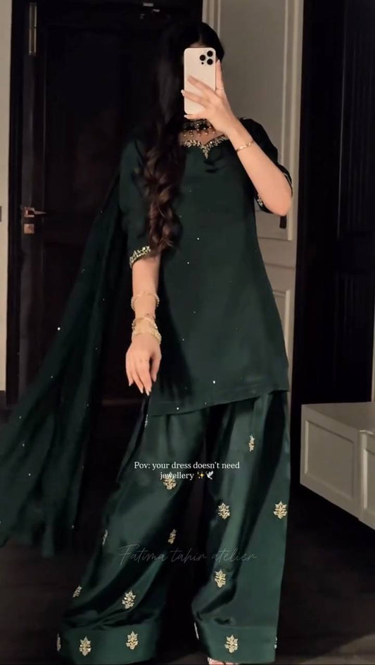 Dark Green Silk Farshi Salwar Suit with Embroidery & Dupatta