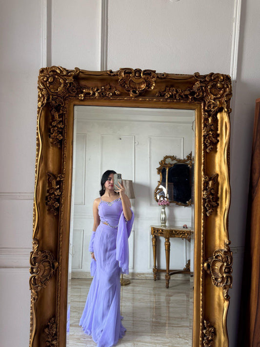 Designer Mermaid Lavender Georgette Fishcut Lehenga with Diamond Work & Dupatta