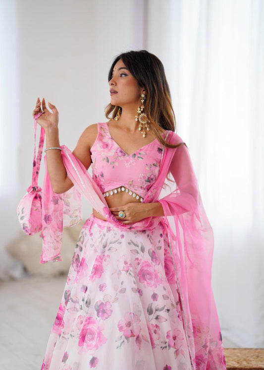 Pink Floral Organza Lehenga Choli with Dupatta and Potli Bag