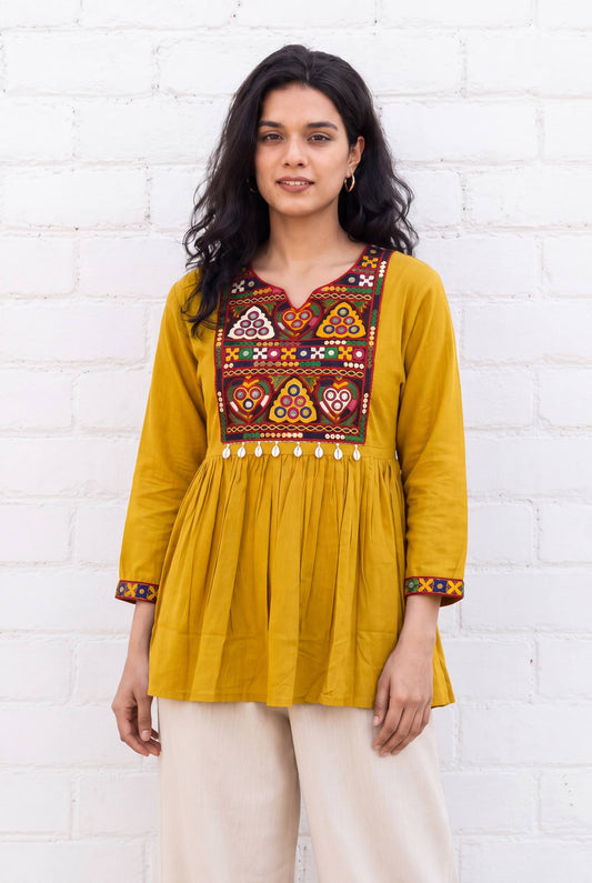 Festive Multicolor Gamthi & Kodi Lace Work Short Kurti