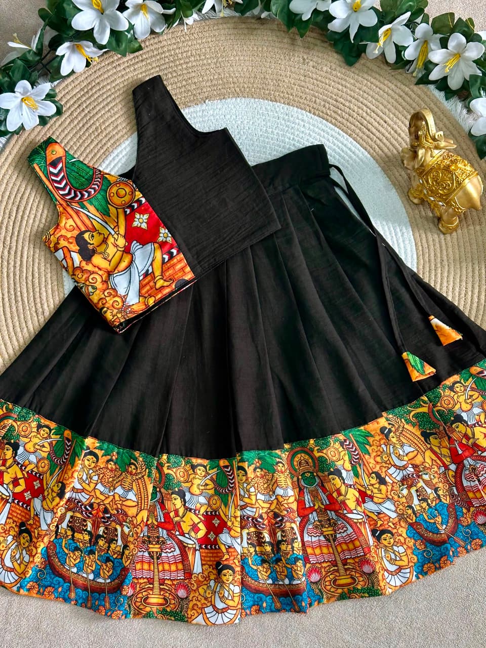 Girls Black Kathakali Print Lehenga Choli