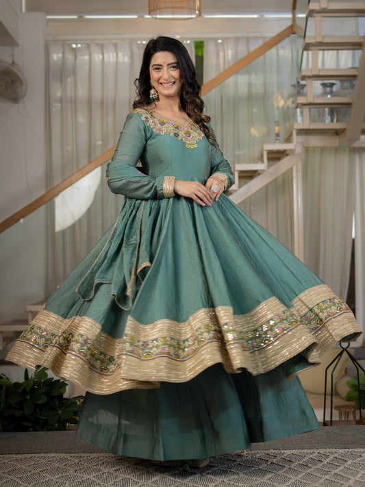 Sage Green Anarkali Gown with Golden Embroidered Border & Multicolour Floral Detailing