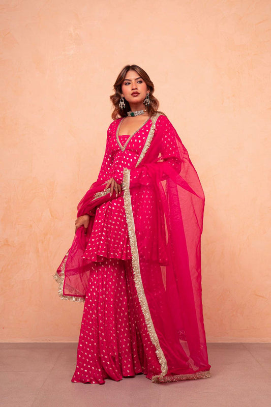 Hot Pink Jacquard Chanderi Sharara Plazzo Set with Net Dupatta