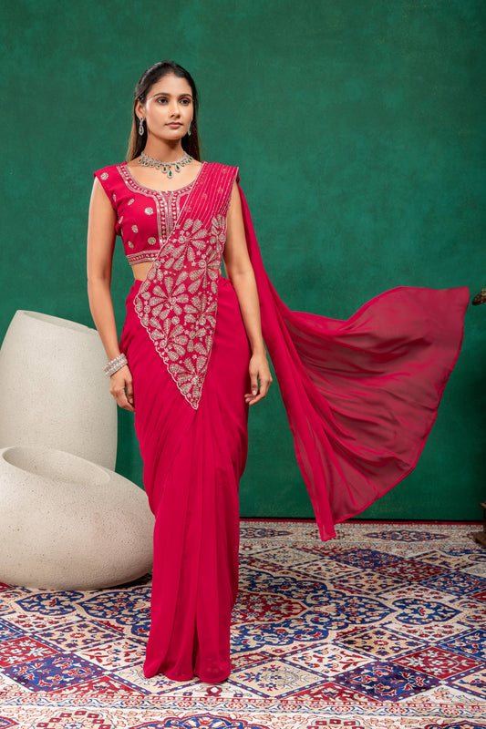 Hot Pink Pre-Draped Zari & Semi-Beads Work Saree with Embroidered Jacket