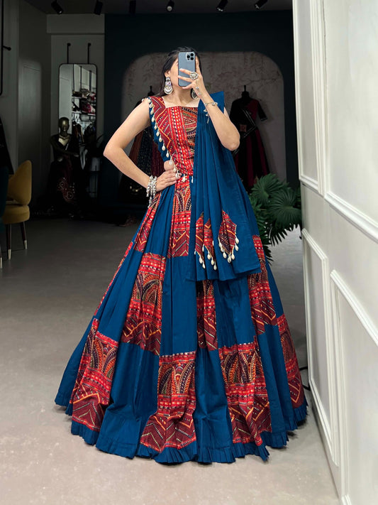 Blue cotton kodi work navratri lehenga choli